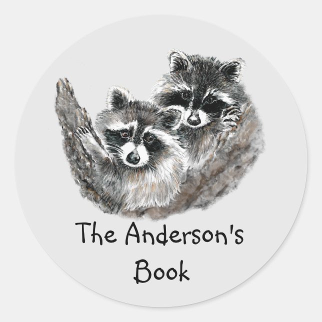 Racoon Family  Book Plate to Customise Classic Round Sticker (Front)