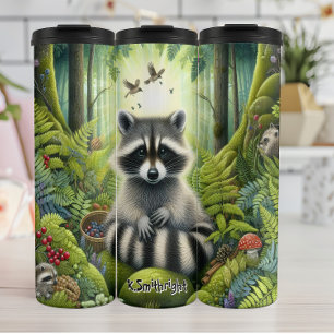 Racoon Family in Sunlit Forest Thermal Tumbler