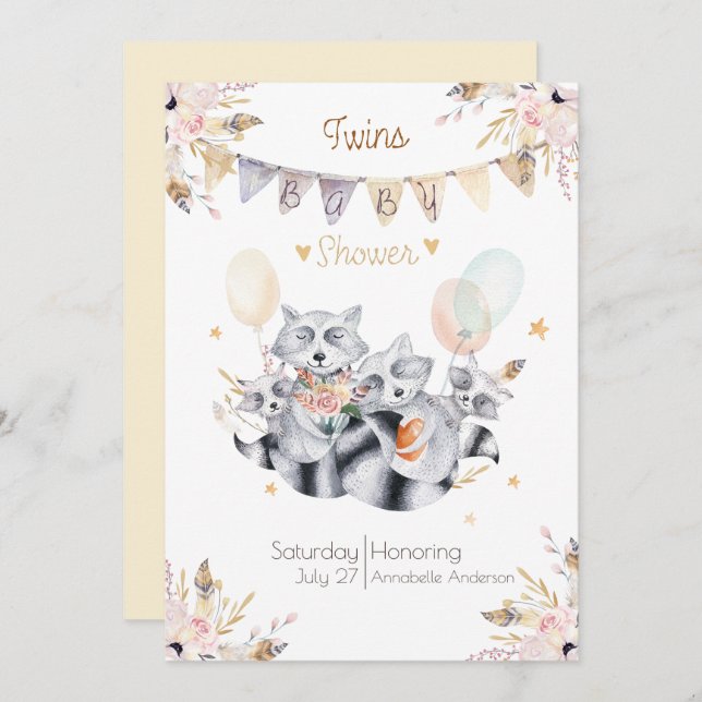 Racoon Family Twins Boho Baby Shower Invitation (Front/Back)