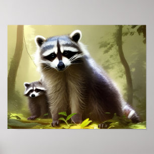 Racoon Family Wildlife Portrait Poster