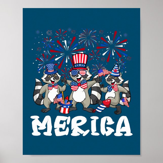 Racoon Fireworks Sunglasses Hat Merica Funny 4th Poster (Front)