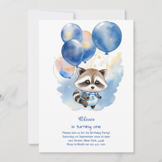 Racoon First Birthday Invitation (Front)