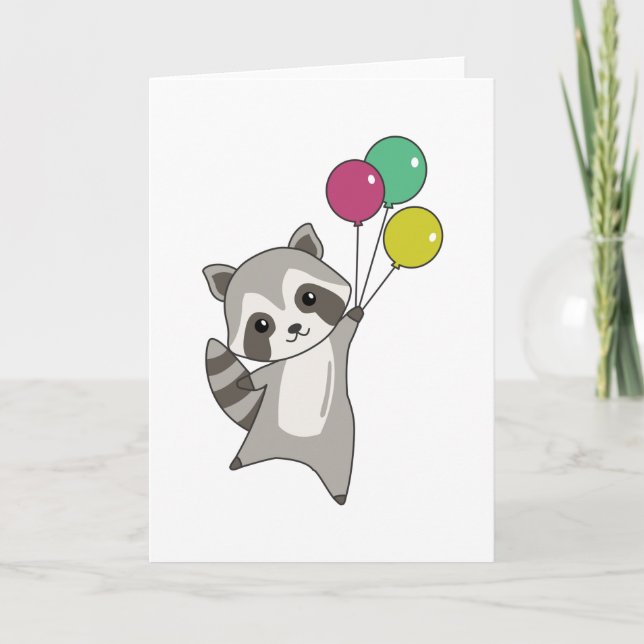 Racoon Flies Balloons Above Cute Animals For Kids Card (Front)