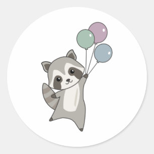 Racoon Flies Balloons Above Cute Animals For Kids Classic Round Sticker