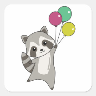 Racoon Flies Balloons Above Cute Animals For Kids Square Sticker