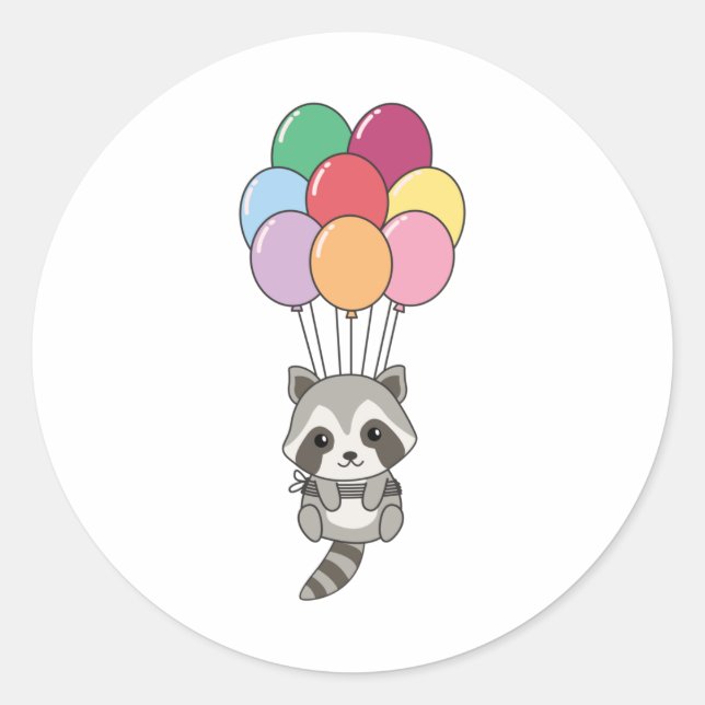 Racoon Flies Up With Colourful Balloons Classic Round Sticker (Front)
