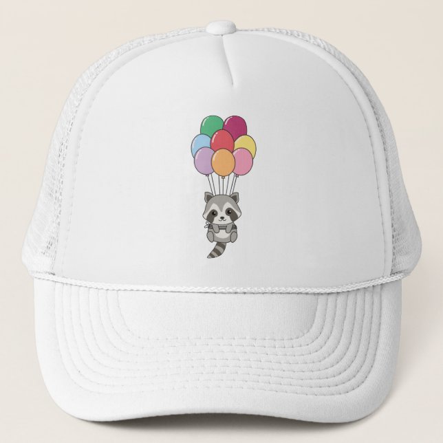 Racoon Flies Up With Colourful Balloons Trucker Hat (Front)