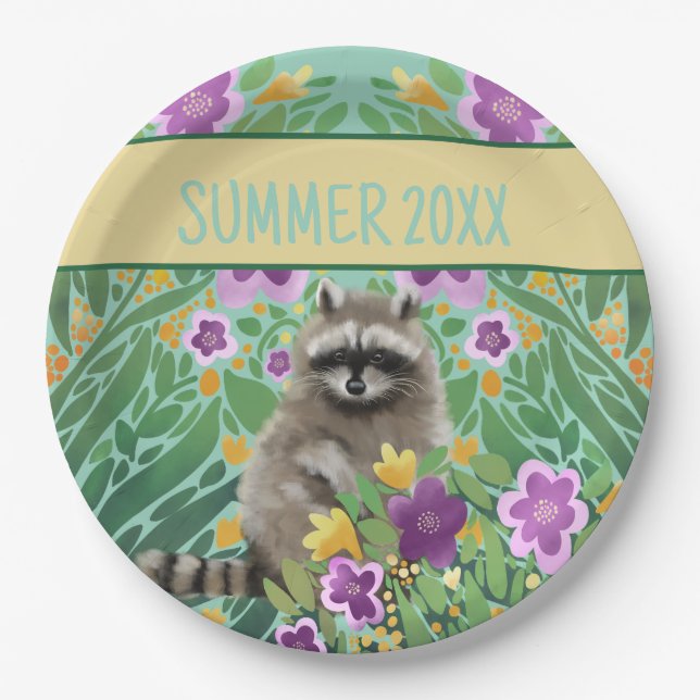 Racoon Floral Summer Paper Plate (Front)