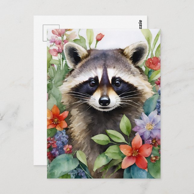 Racoon Floral Watercolor Art Postcard (Front/Back)