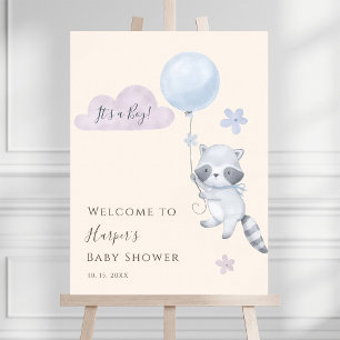 Racoon Flying Balloon Boy Baby Shower Welcome Poster