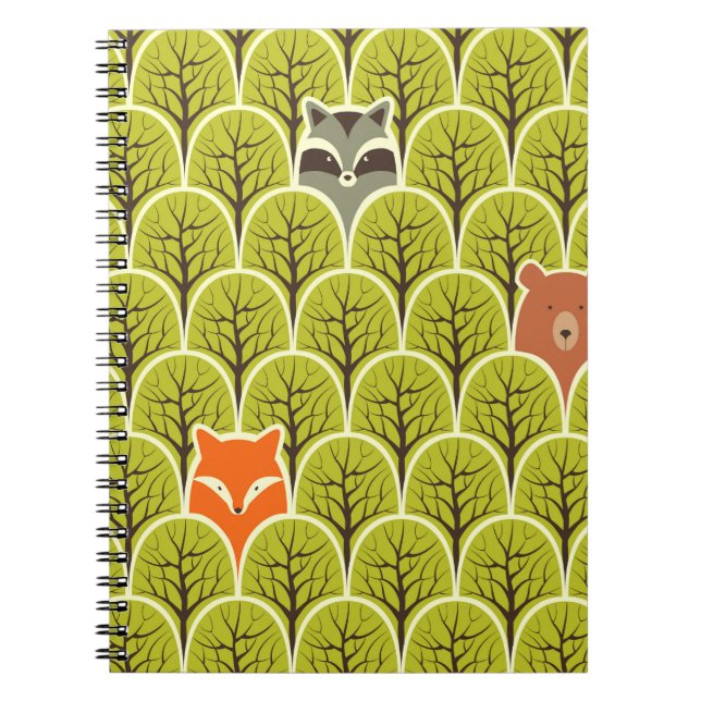 Racoon fox and bear in a forest seamless pattern notebook (Front)