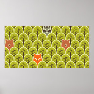 Racoon fox and bear in a forest seamless pattern poster