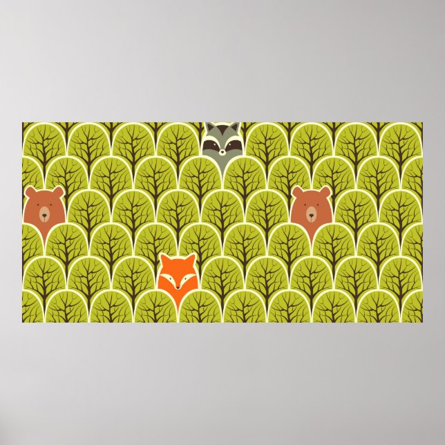 Racoon fox and bear in a forest seamless pattern poster (Front)