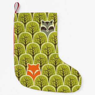 Racoon fox and bear in a forest seamless pattern small christmas stocking