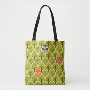 Racoon fox and bear in a forest seamless pattern tote bag