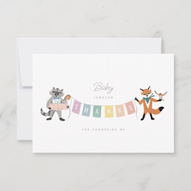 Racoon Fox Forest Friends Pastel Baby Shower Thank You Card (Front)