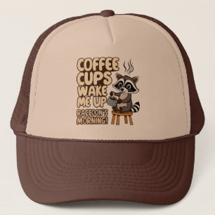 Racoon funny morning with coffee cup trucker hat