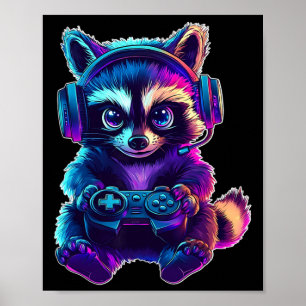 Racoon Gamer Shirt Funny Video Game Animal Gaming Poster