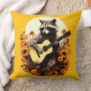 Racoon Guitar Serenade in Sunflowers Cushion