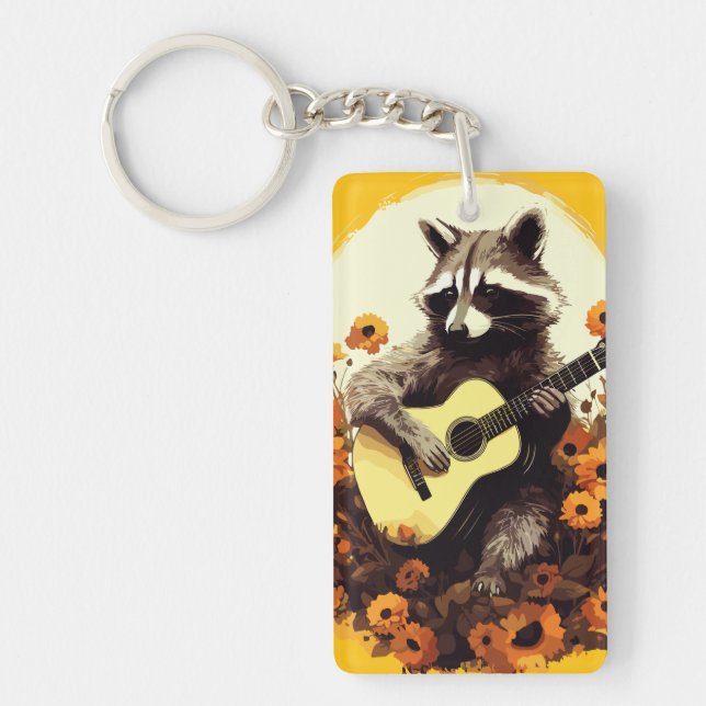Racoon Guitar Serenade in Sunflowers Key Ring (Front)