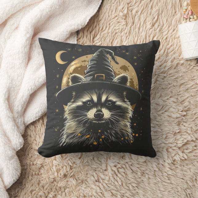 Racoon Halloween Wizard Hat Funny Cute Witch  Cushion (Blanket)