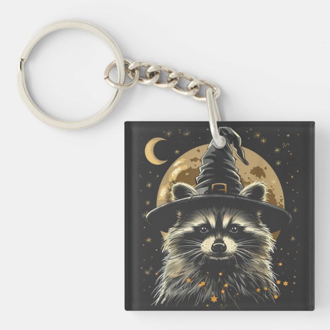 Racoon Halloween Wizard Hat Funny Cute Witch  Key Ring (Front)