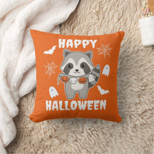 Racoon Happy Halloween Pumpkin Bat Costume Cushion