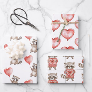 Racoon Hearts Balloons Birthday Wrapping Paper Sheet