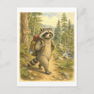 Racoon Hiking Illustration Postcard