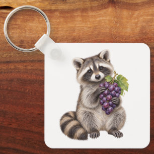 Racoon Holding Purple Grapes Key Ring