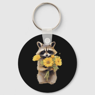 Racoon Holding Sunflower Cute Flower Mothers Day Key Ring