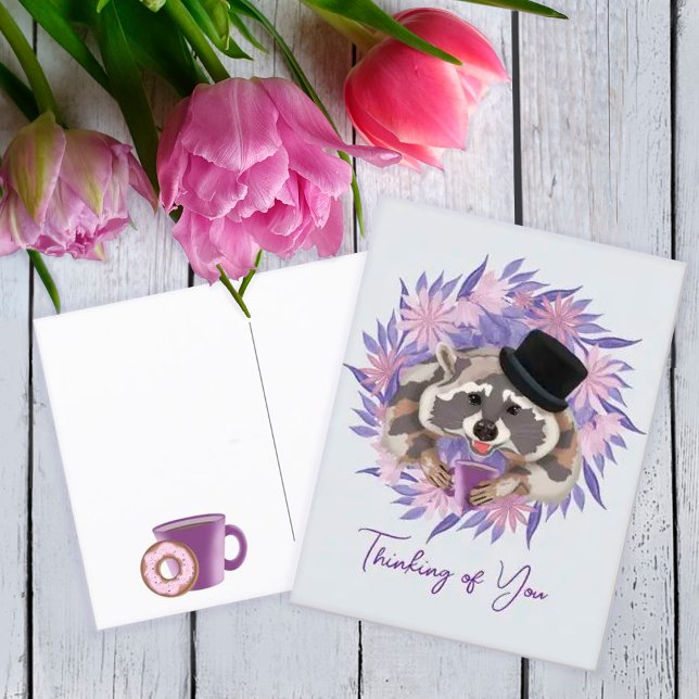 Racoon in a hat with a mug of coffee.   postcard (Creator Uploaded)