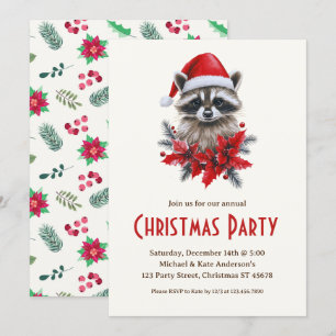 Racoon in a Santa Hat Poinsettias Christmas Party Invitation