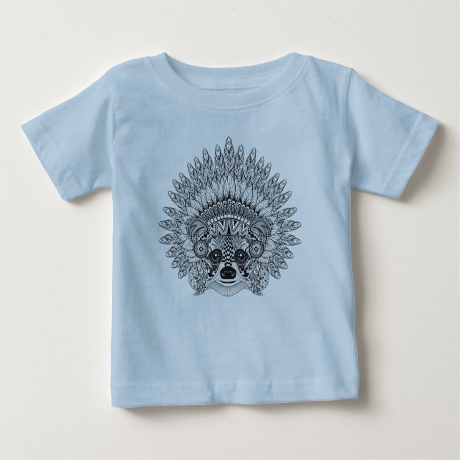 Racoon In Feathered War Bonnet Doodle Baby T-Shirt (Front)