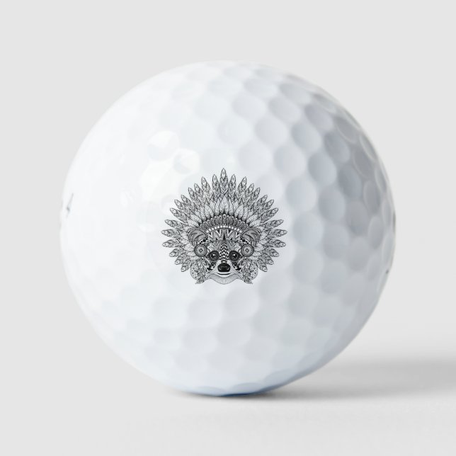 Racoon In Feathered War Bonnet Doodle Golf Balls (Front)