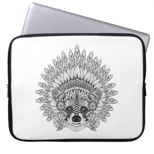 Racoon In Feathered War Bonnet Doodle Laptop Sleeve