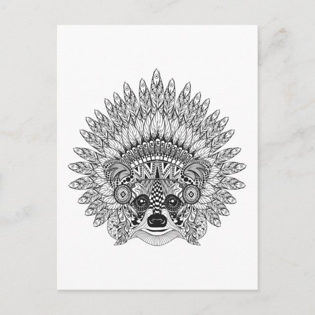 Racoon In Feathered War Bonnet Doodle Postcard (Front)