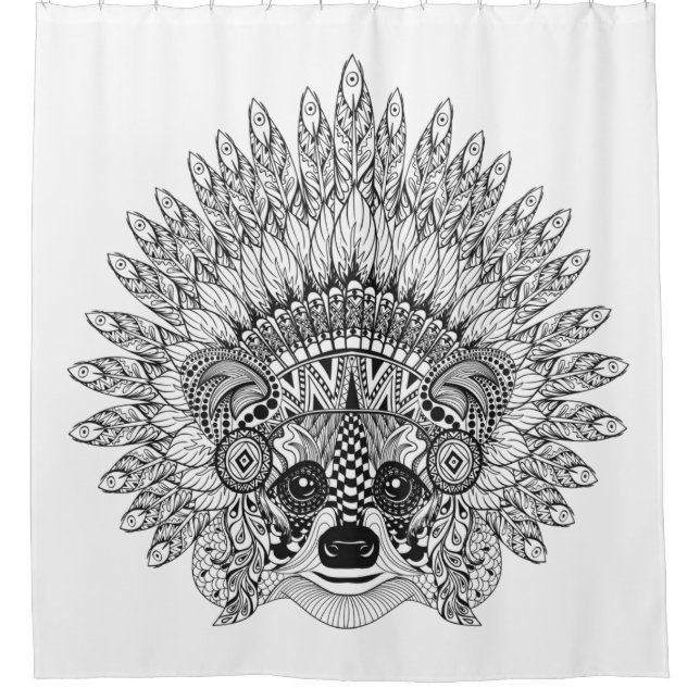 Racoon In Feathered War Bonnet Doodle Shower Curtain (Front)