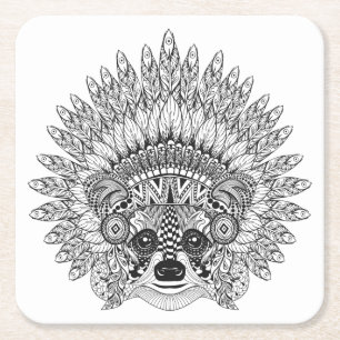 Racoon In Feathered War Bonnet Doodle Square Paper Coaster