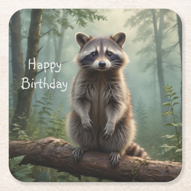 Racoon in Forest Square Paper Coaster (Front)