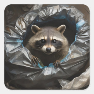 Racoon in garbage bag square sticker