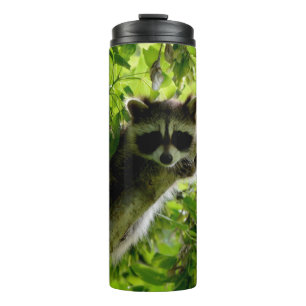 Racoon in Green Tree Cute grey masked racoon Thermal Tumbler