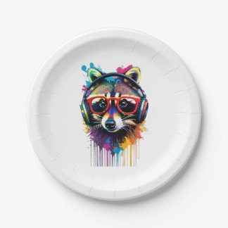 Racoon in headphones and glasses paper plate