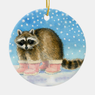 Racoon in pink boots Christmas or winter ornament