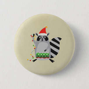 Racoon In Santa Hat Tangled Up In Holiday Lights 6 Cm Round Badge