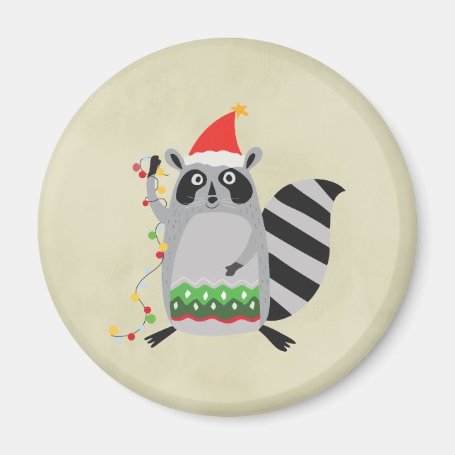 Racoon In Santa Hat Tangled Up In Holiday Lights Magnet (Front)