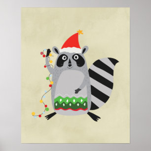 Racoon In Santa Hat Tangled Up In Holiday Lights Poster