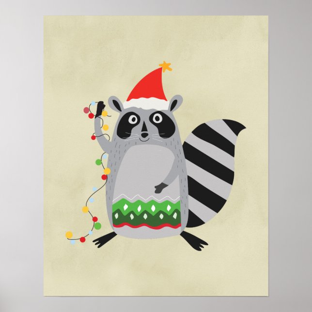 Racoon In Santa Hat Tangled Up In Holiday Lights Poster (Front)