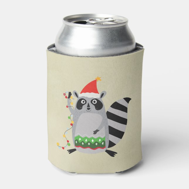 Racoon In Santa Hat Tangled Up In Xmas Lights Can Cooler (Can Front)