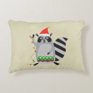 Racoon In Santa Hat Tangled Up In Xmas Lights Decorative Cushion